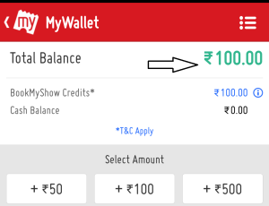 bookmyshow get Rs 100 free wallet balance