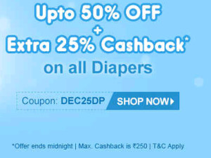 Firstcry- Get Diapers at Upto 50% OFF + Extra 25% Cashback on All Diapers + 10% cashback via Mobikwik wallet