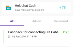 helpchat Rs 25 cashback on adding olacabs account