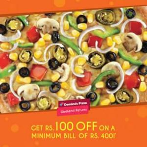 Dominos- Buy Dominos Pizza at flat Rs 100 off on Rs 400 + Extra 20 cashback