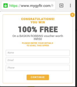 mygyftr free Rs 50 baskin robbins coupon holi game