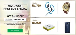 Ebay Rs 100 off on Rs 300 (New users)