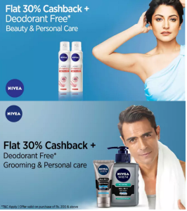 nivea upto 30 off + 30 cashback + free deodorant paytm offer