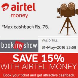 Bookmyshow- Get flat 15% cashback on Booking Movie tickets via Airtel Money