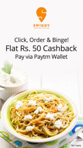 Swiggy- Get Rs 50 cashback on Ordering food worth Rs 400 or more via Paytm
