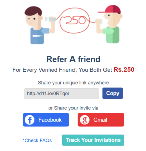 dream11 refer a friend and get Rs 250 to play fantasy league