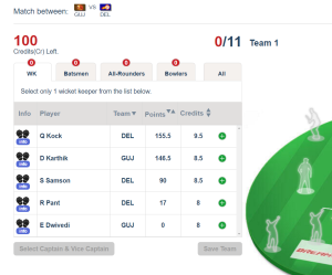select 11 players team in dream11 fantasy league