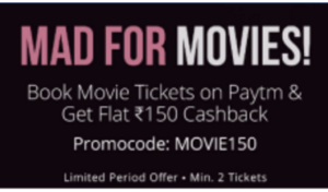 paytm Rs 150 cashback on minimum 2 movie tickets