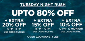 JABONG tuesday night rush get upto 80 off + extra 15 off + 15 cashback