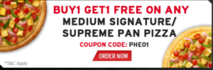 PizzaHut Offer :- Buy One Get One Free on Medium Signature / Supreme Pan Pizza