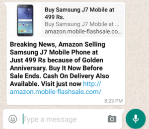amazon Samsung J7 mobile phone Rs 499 fake whatsapp message