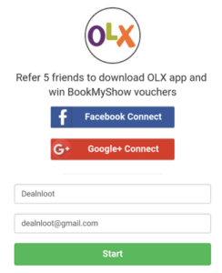 olx app enter name and email id to get referral link, bookmyshow vouchers