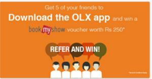 olx app refer 5 friends and earn Rs 250 bookmyshow voucher