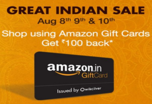 amazon great indian sale place order using amazon gift card and get Rs 100 cashback