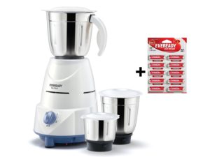 Amazon - Buy Eveready Glowy 500-Watt Mixer Grinder (White/Blue) with Free Eveready AA Pack of 10 Battery at Rs 1219 only