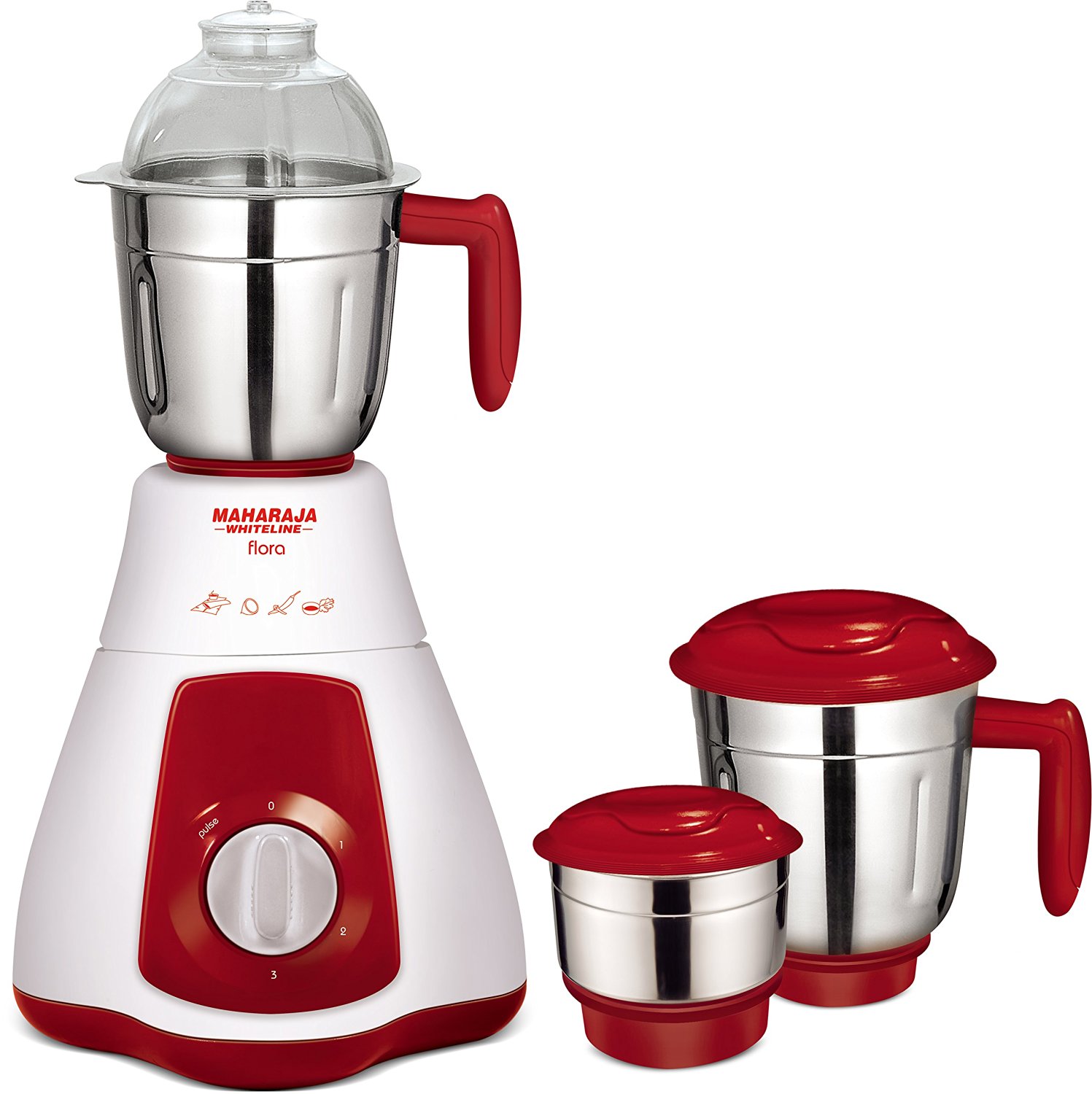 Amazon - Buy Maharaja Whiteline Flora MX-133 550-Watt 3-Speed Mixer Grinder with 3 Jar (Red White) for Rs.1899 (49% off)
