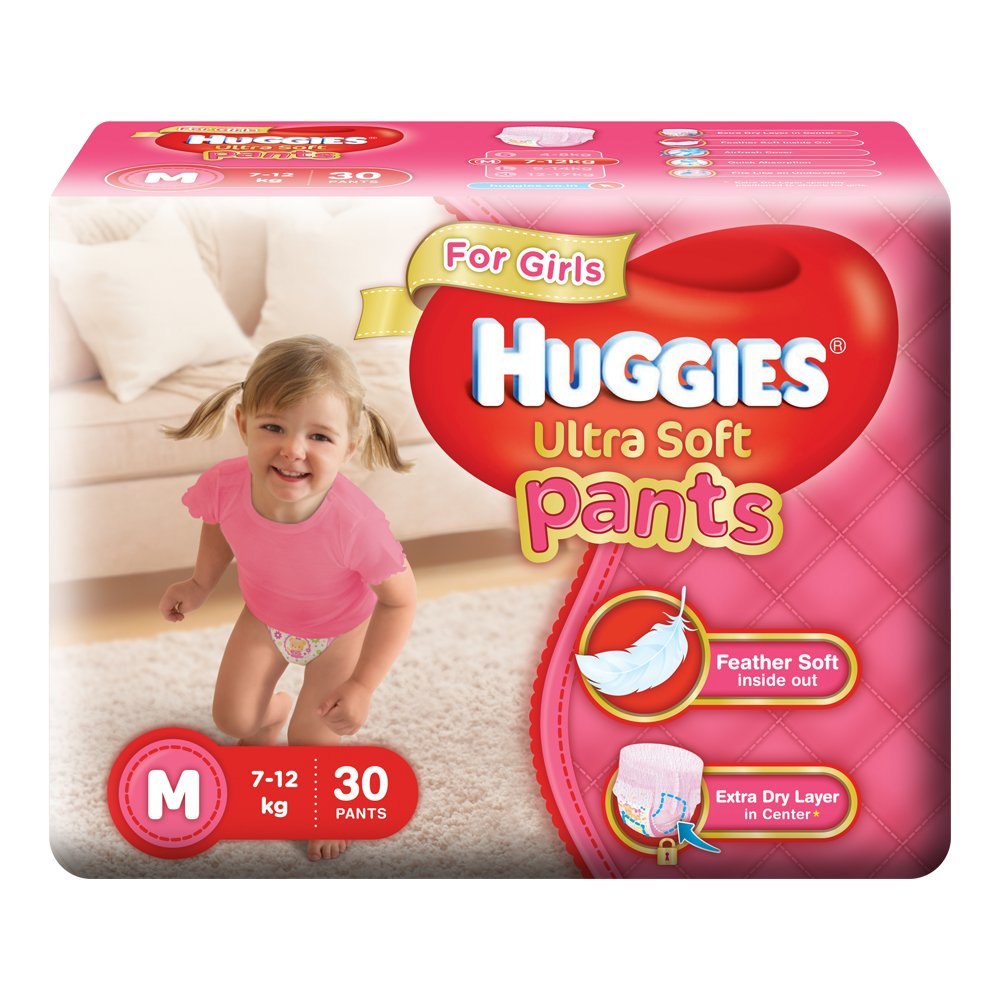 Huggies Ultra Soft Pants Medium Size Premium Diapers for Girls (White, 30 Counts)