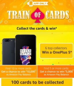 amazon app train of cards get to win oneplue 5 or amazon pay balance answers added dealnoot 26th september