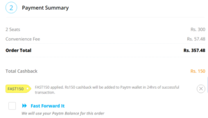 paytm Rs 150 cashback on 2 movie tickets proof