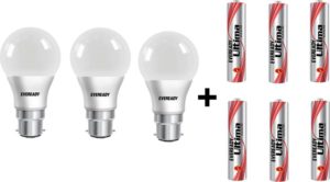 Eveready 7W LED Bulb Pack of 3 with Free 6 Batteries (White, Pack of 3) Rs 267 only flipkart