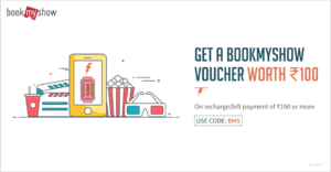 Freecharge - Get Rs 100 Bookmyshow Voucher on Recharge of Rs 150 or More