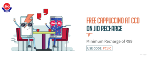 Recharge your Jio No. and Get a Cafe Coffee day voucher for one free regular cappuccino