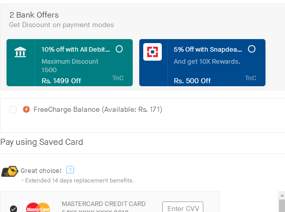 snapdeal flat 10% off payment