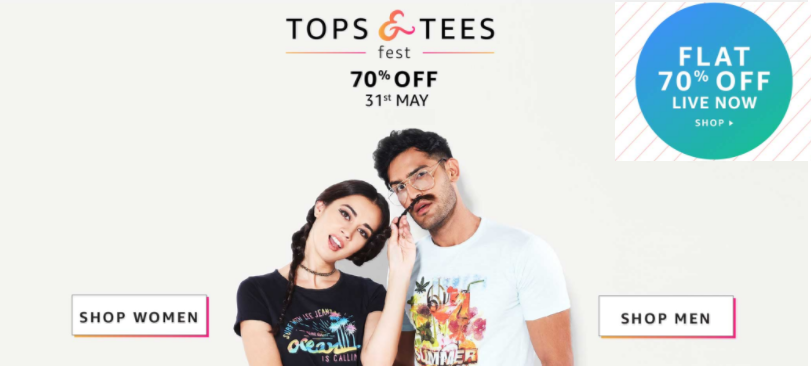 Amazon - Flat 70% off on popular brand's Tops & Tees