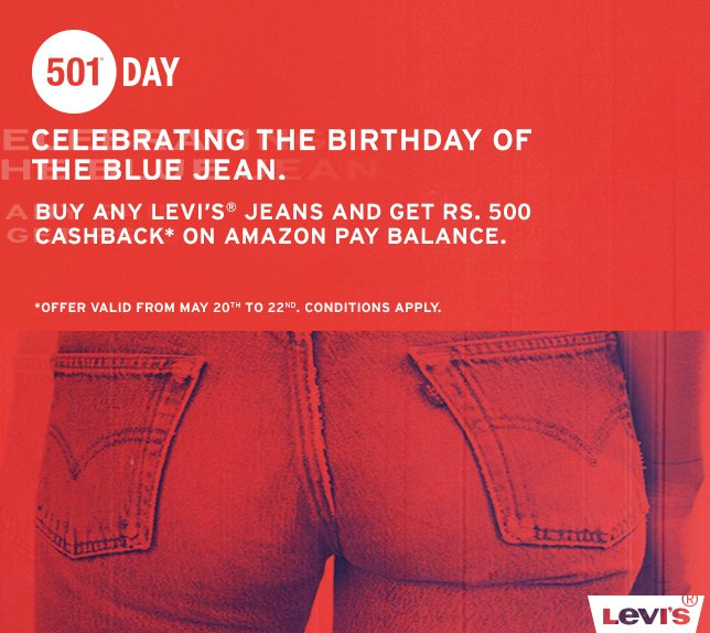 Amazon - Flat Rs.500 cashback & up to 60% off on LEVI'S Jeans.