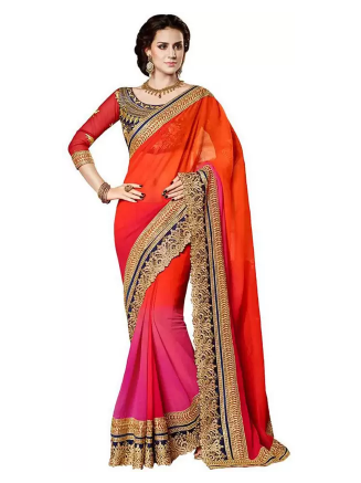(Hurry)Flipkart - Buy art fashion Solid Bollywood Georgette Saree (Orange, Pink) for just Rs.49 + shipping Rs.65