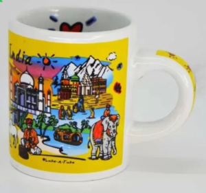 India Souvenirs 4 Oz Yellow with India Subway Design Porcelain Mug (120 ml)