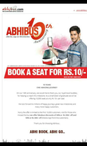 Abhibus 10th anniversary offer- Book a Bus Ticket at just Rs 10 only1
