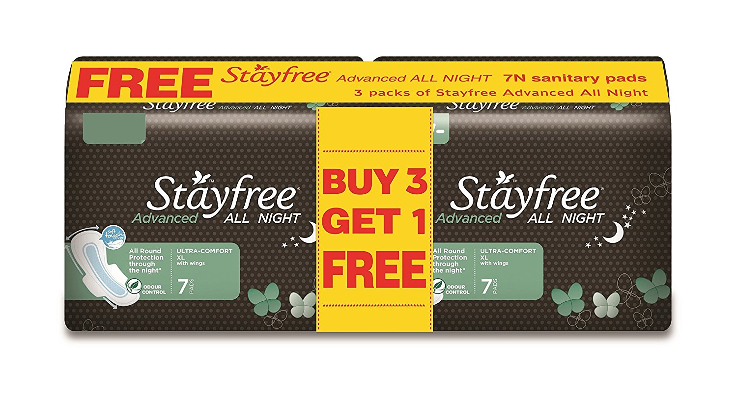 (Hurry)Amazon - Buy Stayfree Advanced All Night - 7s Buy 3 Get 1 Free (28 pads, Save Rs. 85) for Rs.145