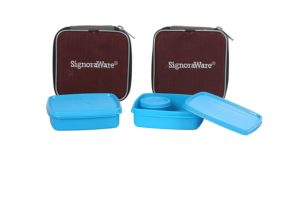 Signoraware Nano Twin Smart Lunch Box with Bag Set, 390ml, Set of 2, Turkish Blue for Rs 363