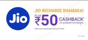 Flat Rs.50 Cashback On Jio Recharge Of Rs.149 Or More