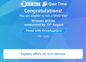 amazon app quiz time contest 20th July win Vivo V5 Phone