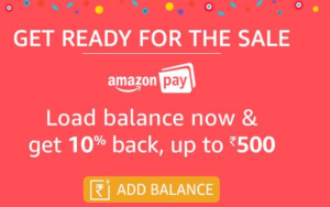 amazon get 10 cashback on adding money Rs 500 max