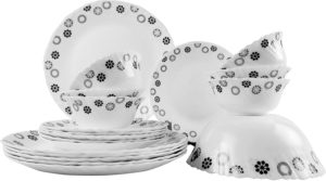 Larah By Borosil Universe Opalware Glass Dinner Set, 19-Pieces, White