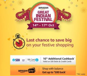 AMAZON Great indian festival 14-17th october get 10 cashback SBI BEST deals and offers