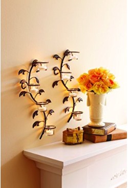 Set of 2 Hosley Wall sconces 40cm long with 8 Glass Cup Candle Holders and bonus Tealight Candles