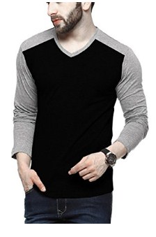 Tripr Men's V-Neck Full Sleeves Tshirt Black Grey