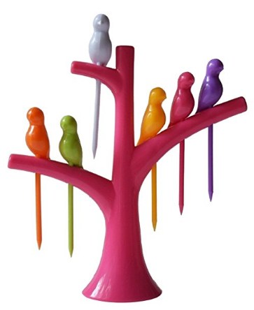 Birdie Plastic Fruit Fork Set with Stand, 6-Pieces, Multicolour
