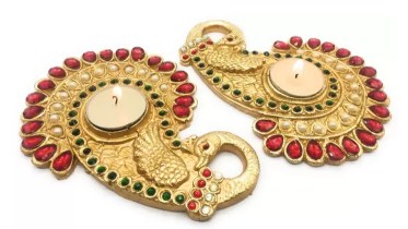 AuraDecor Peacock Shape Polyresin Tealight Holder (Gold, Pack of 2)