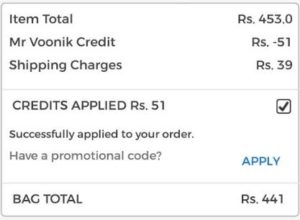 voonik app apply 100% credits on cart amount