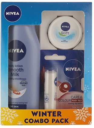 Nivea Smooth Body Milk Lotion, 200ml with Lip Care and Color, Ruby Red, 25ml and Soft Cream, 4.8g