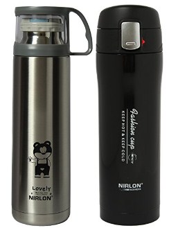 Nirlon Stainless Steel Water Bottle Set, 450ml, 2-Pieces, Silver/Black (55007Slvr55005Black) 