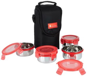 Solimo Stainless Steel Lunch Box Set with Bag, 300ml, 11cm Diameter, 4-Pieces