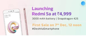 flipkart big shopping days redmi 5a desh ka smartphone launch 7th dec 12 PM