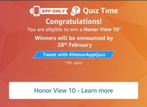 Amazon Honor View 10 Quiz answer final completion image