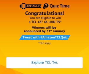 Amazon TCL TV Quiz answer congratulations page